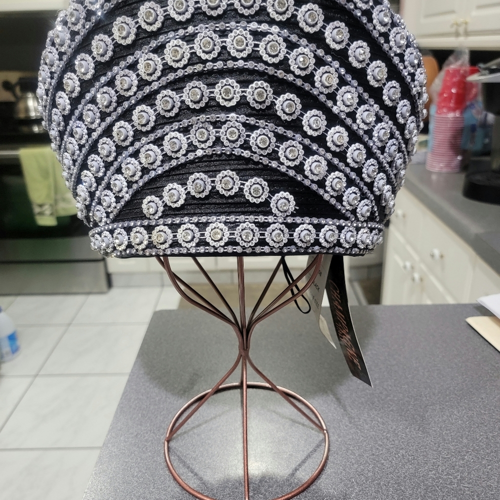 Elite Champagne Black & White Church Hat w/Rhinestones and Pearls - NWT
